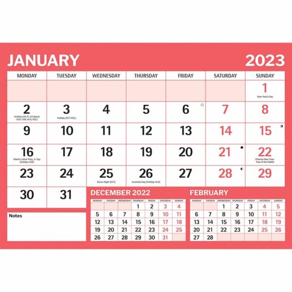 Red & Black Basic A4 Calendar 2023